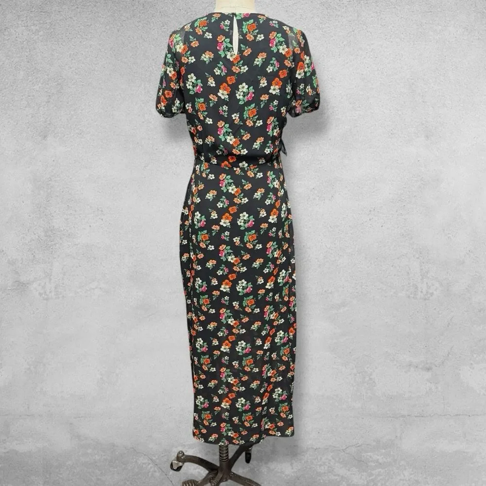 Maje Rancho Ruffle Dress 2 Black Floral Chiffon Midi Whimsigoth Cottagecore - Picture 4 of 10